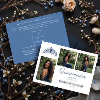 Blue Princess Quinceañera Tiara 3-Photos Spanish Invitation