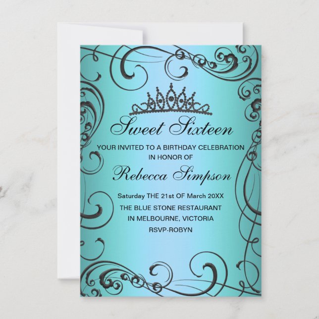 Blue Princess Sweet 16 Birthday Invitation (Front)