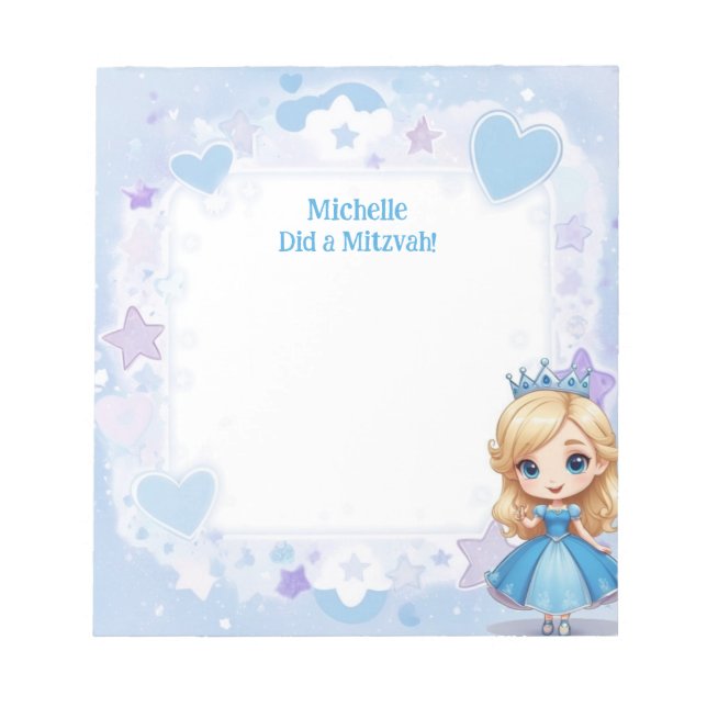 Blue Princess Theme Blonde Personalised Mitzvah Notepad (Front)
