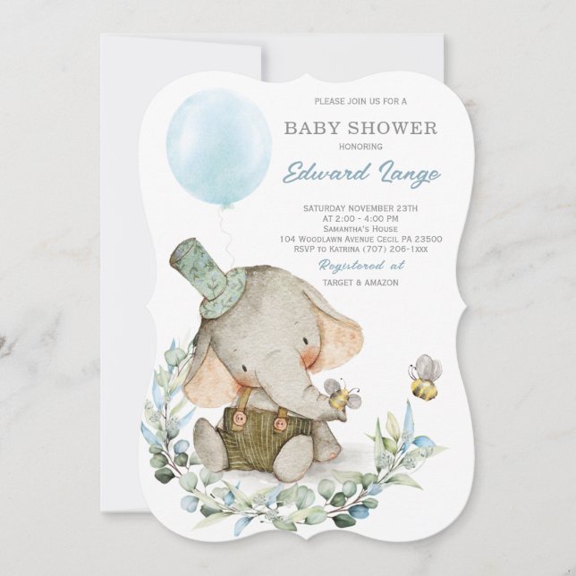 Blue Printable Elephant Baby Shower Invitations (Front)
