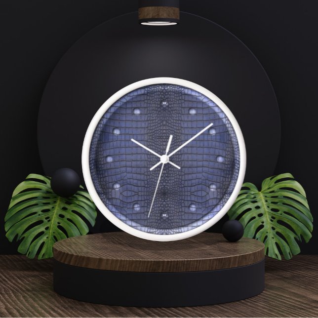 Blue Printed Faux Alligator Leather Pattern Clock (Cobalt Alligator Skin Texture Clock by Looly Elzayat)
