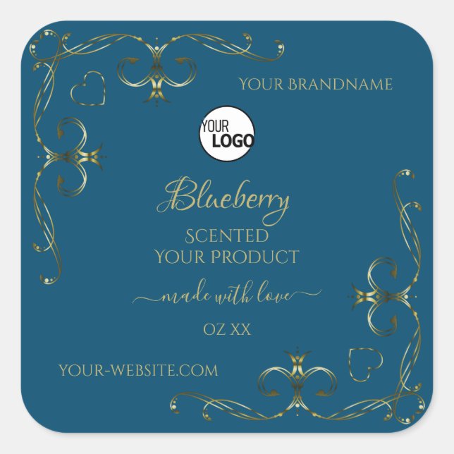 Blue Product Label Decorated Gold Corners Add Logo (Front)