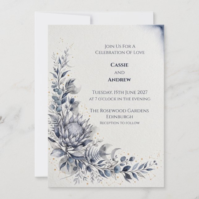 Blue Protea Botanical Wedding Invitation (Front)