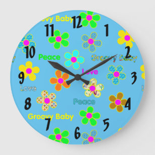 Blue Psychedelic 60s Groovy Flowers Pattern Large Clock