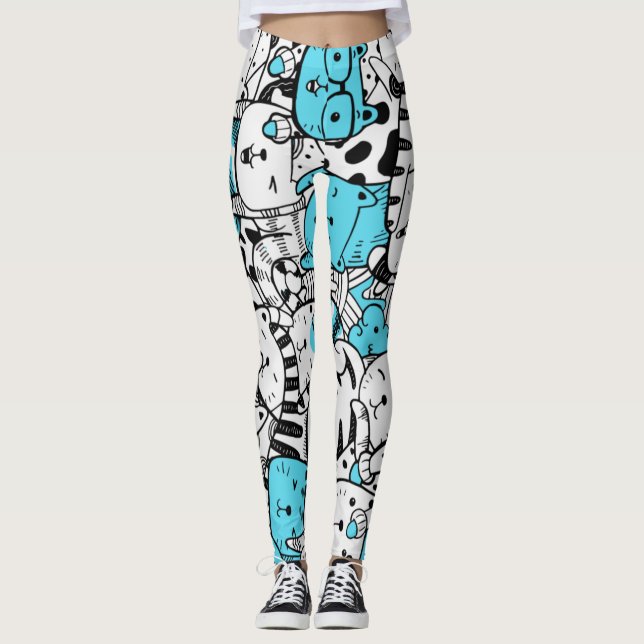 Blue Psychedelic Cat Kitten Illustration Abstract  Leggings (Front)