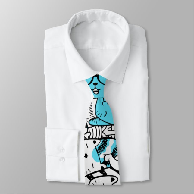 Blue Psychedelic Cat Kitten Illustration Abstract  Tie (Tied)