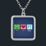 Blue PT Silver Plated Necklace<br><div class="desc">Pretty physical therapist gift. Peace love and physical therapy on dark blue background.</div>