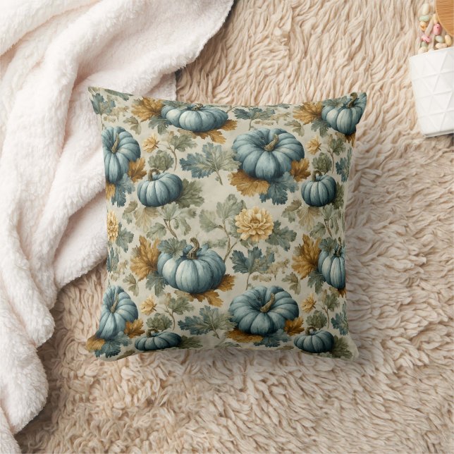 Blue Pumpkin and Autumn Leaves Fall Pattern Cushion (Blanket)