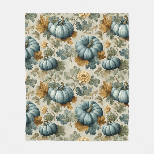 Blue Pumpkin and Autumn Leaves Fall Pattern Fleece Blanket (Front)