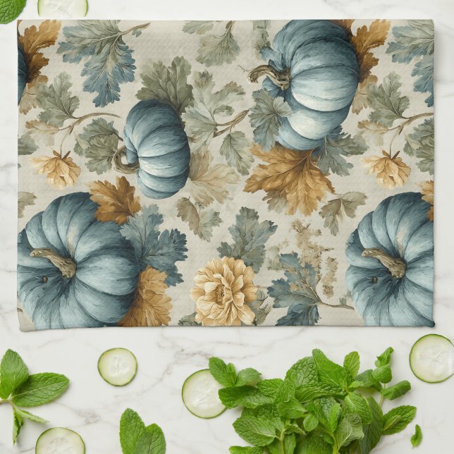 Blue Pumpkin and Autumn Leaves Fall Pattern Tea Towel (Folded)