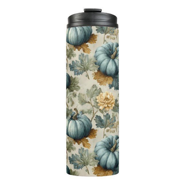 Blue Pumpkin and Autumn Leaves Fall Pattern Thermal Tumbler (Front)