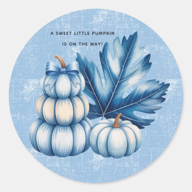 Blue Pumpkin and Leaf Boy Baby Shower Classic Round Sticker (Front)
