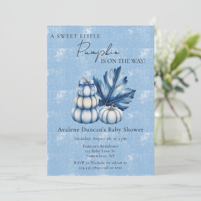 Blue Pumpkin and Leaf Boy Baby Shower Invitation (Standing Front)