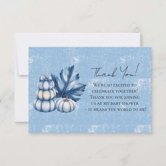 Blue Pumpkin and Leaf Boy Baby Shower Thank You Card (Front)