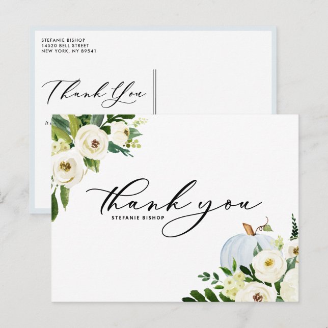Blue Pumpkin and White Floral Graduation Thank You Postcard (Front/Back)