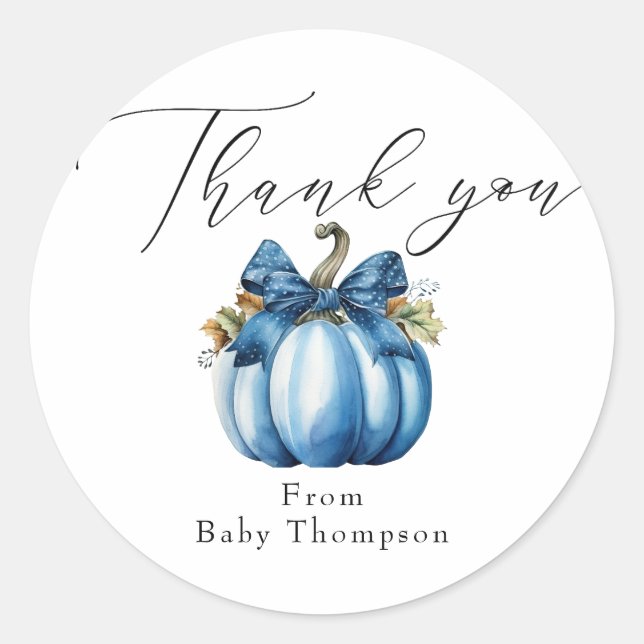 Blue Pumpkin | Autumn Baby Shower Thank You Classic Round Sticker (Front)