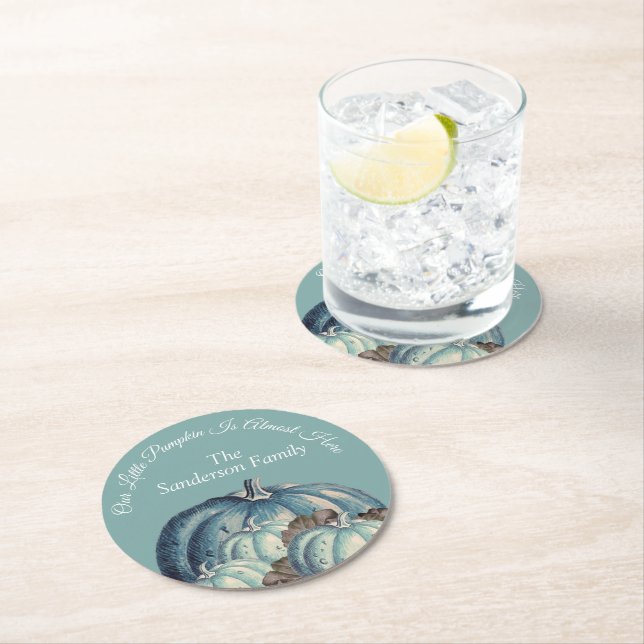  Blue Pumpkin Baby Shower Round Paper Coaster (Insitu)