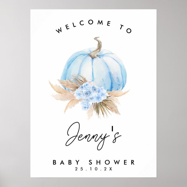 Blue Pumpkin Boho Floral Boys Baby Shower Welcome Poster (Front)