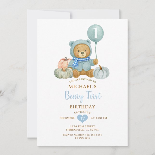 Blue Pumpkin Fall Beary First Birthday  Invitation (Front)