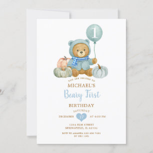 Blue Pumpkin Fall Beary First Birthday  Invitation