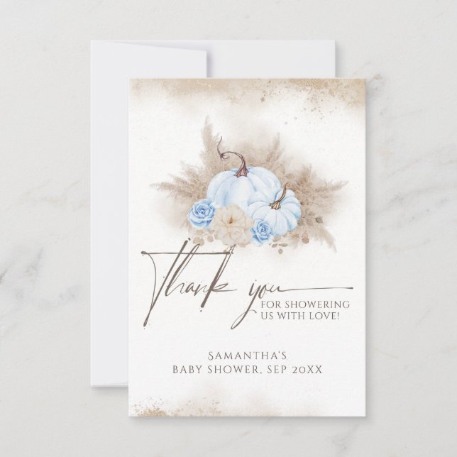 Blue Pumpkin Fall floral Boho Pampas Baby Shower  Thank You Card (Front)