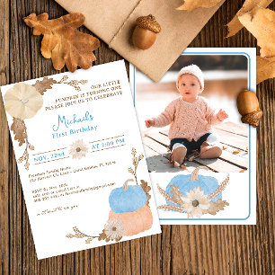 Blue Pumpkin First Birthday Photo Invite