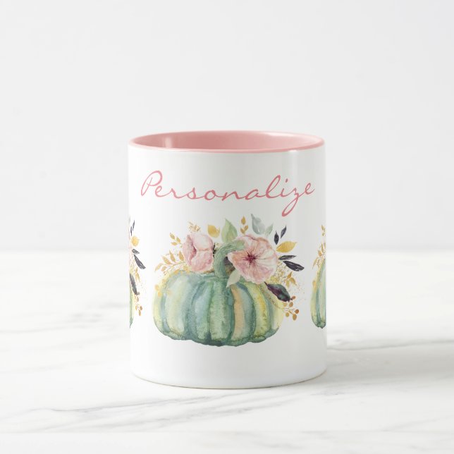 Blue pumpkin floral fall watercolor elegant autumn mug (Center)