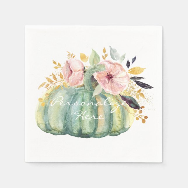 Blue pumpkin floral fall watercolor elegant autumn napkin (Front)