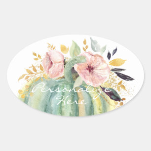 Blue pumpkin floral fall watercolor elegant autumn oval sticker