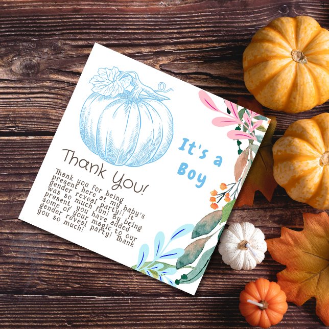 Blue Pumpkin Gender Reveal Party Its a Boy Thank You Card (Creator Uploaded)