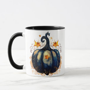 Blue Pumpkin Gold Scrolls Leaves Halloween Mug