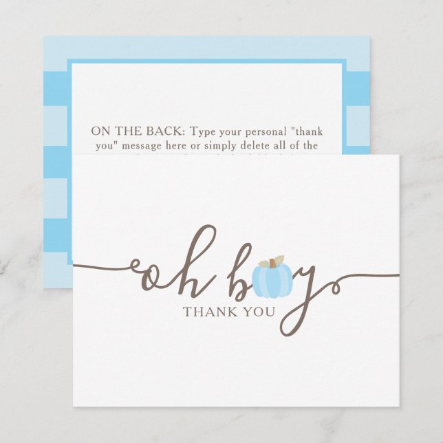 Blue Pumpkin Oh Boy Baby Shower Fall Thank You Card (Front/Back)