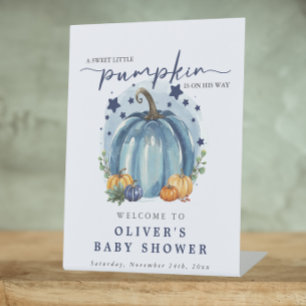 Blue Pumpkin On His Way Boy Baby Shower Welcome Pedestal Sign