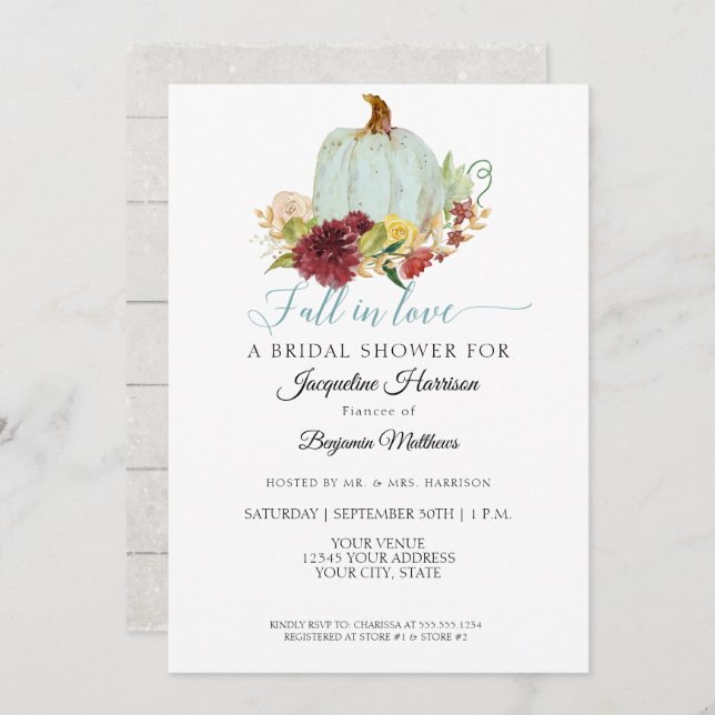 Blue Pumpkin Rustic Burgundy Floral Bridal Shower Invitation (Front/Back)