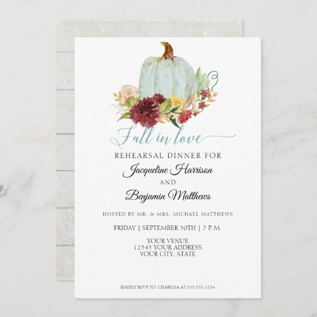 Blue Pumpkin Rustic Burgundy Floral Rehearsal Invitation (Front/Back)