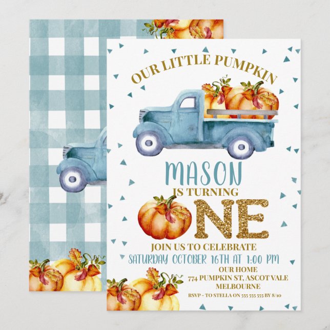 Blue Pumpkin Truck 1st Birthday Invitation (Front/Back)