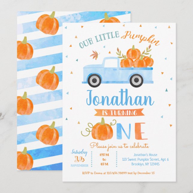 Blue Pumpkin Truck 1st Birthday Invitation Boy (Front/Back)