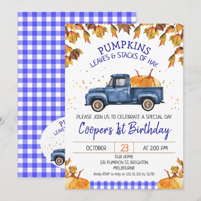 Blue Pumpkin Truck Autumn Foliage Birthday Invitation (Front/Back)