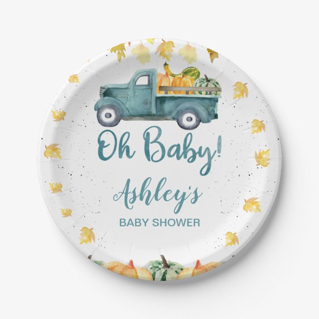 Blue Pumpkin Truck Autumn Leaves Baby Shower  Pape Paper Plate (Front)