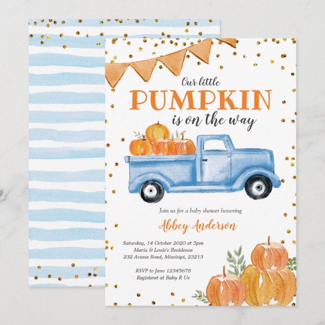 Blue Pumpkin Truck Baby Shower Invitation (Front/Back)