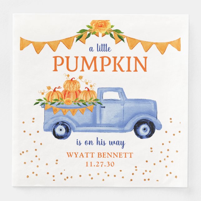Blue Pumpkin Truck Baby Shower Napkins (Front)