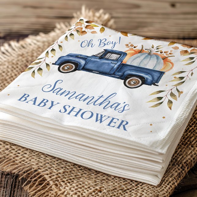 Blue Pumpkin Truck Baby Shower Paper Napkin (Editable Blue Little Pumpkin Truck Baby Shower Paper Napkin, Fall Baby Shower Napkin Boy, )