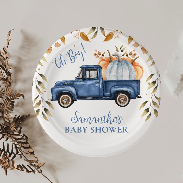 Blue Pumpkin Truck Baby Shower Paper  Plate (Editable Blue Little Pumpkin Truck Baby Shower Paper Plate, Fall Baby Shower Napkin Boy, )