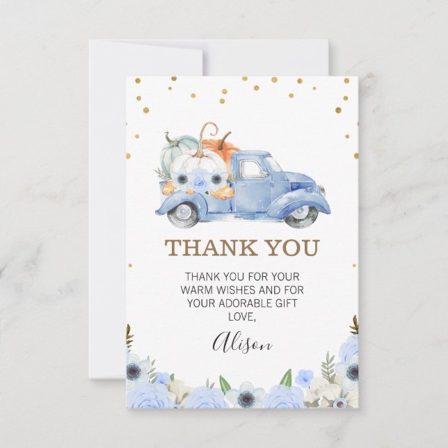 Blue Pumpkin Truck Baby Shower Thank You Card (Front)