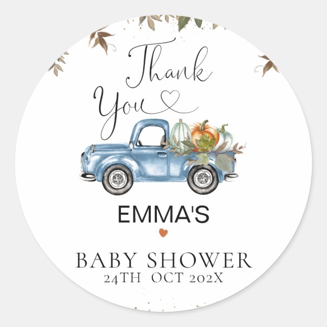  Blue Pumpkin Truck Baby Shower Thank You Sticker (Front)