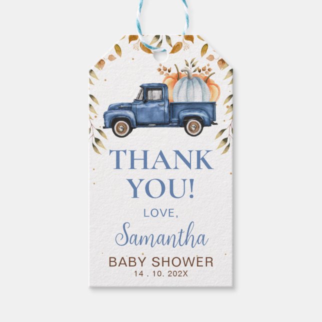 Blue Pumpkin Truck Baby Shower Thank You Tag (Front)