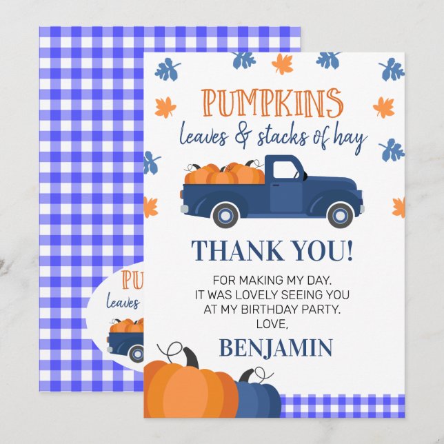 Blue Pumpkin Truck Birthday Thank You Card (Front/Back)
