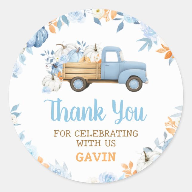 Blue Pumpkin Truck Fall Birthday  Classic Round Sticker (Front)
