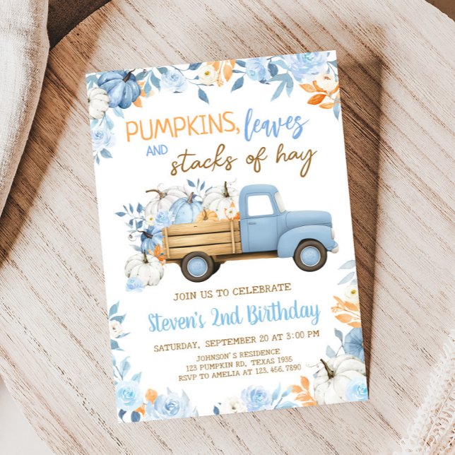 Blue Pumpkin Truck Fall Birthday  Invitation (Blue Pumpkin Truck Fall Floral Birthday Invitation)