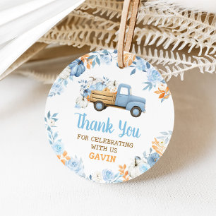Blue Pumpkin Truck Fall Birthday Round Favour Tags